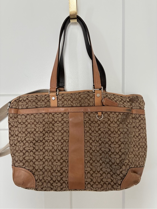 Coach Handbags - Coach Signature Canvas Laptop Tote Bag in Brown with Tan Leather Trim